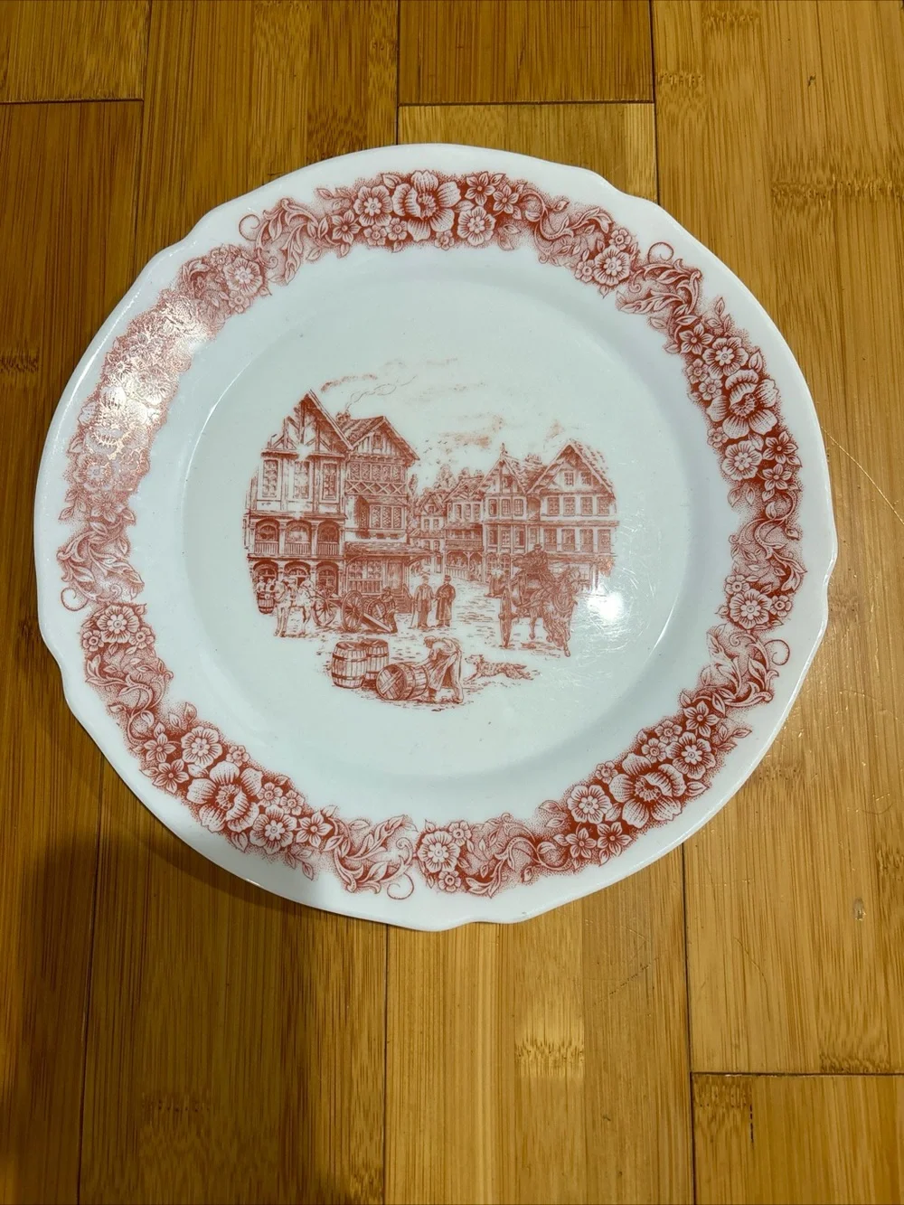 Red Transferware Dinner Plate with Floral Border